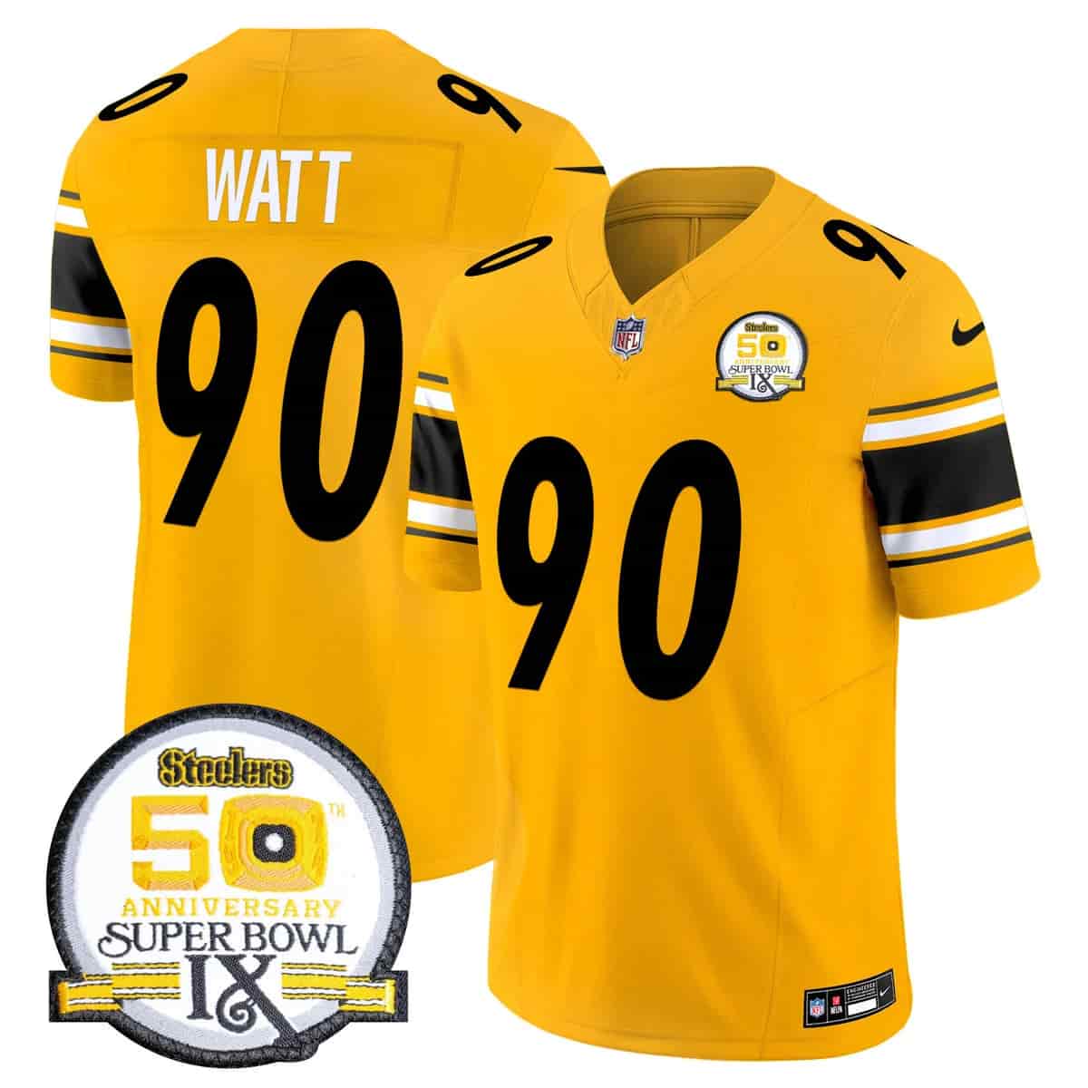 Personalized Men’s Pittsburgh Steelers 50th Anniversary Of Super Bowl IX Patch Limited Jersey All Stitched T. J. Watt 90