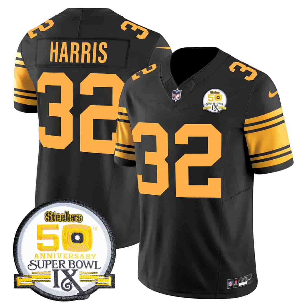 Personalized Men’s Pittsburgh Steelers 50th Anniversary Of Super Bowl IX Patch Limited Jersey All Stitched Franco Harris #32