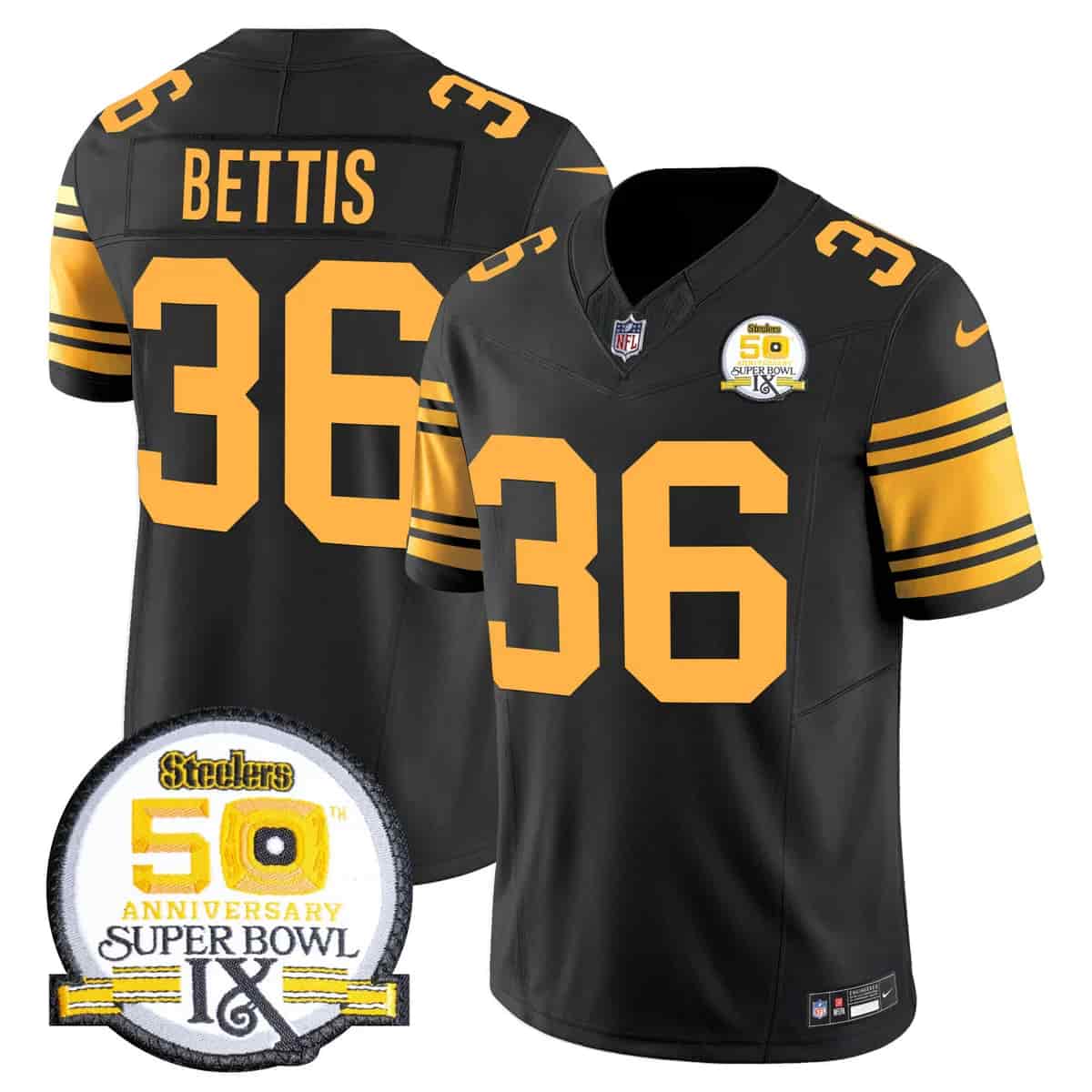 Personalized Men’s Pittsburgh Steelers 50th Anniversary Of Super Bowl IX Patch Limited Jersey All Stitched Jerome Bettis 36