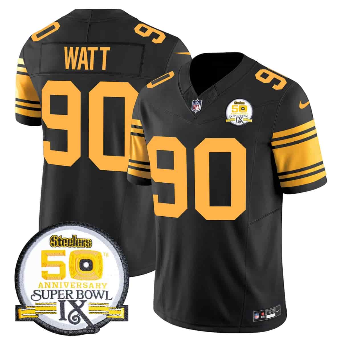 Personalized Men’s Pittsburgh Steelers 50th Anniversary Of Super Bowl IX Patch Limited Jersey All Stitched T. J. Watt 90