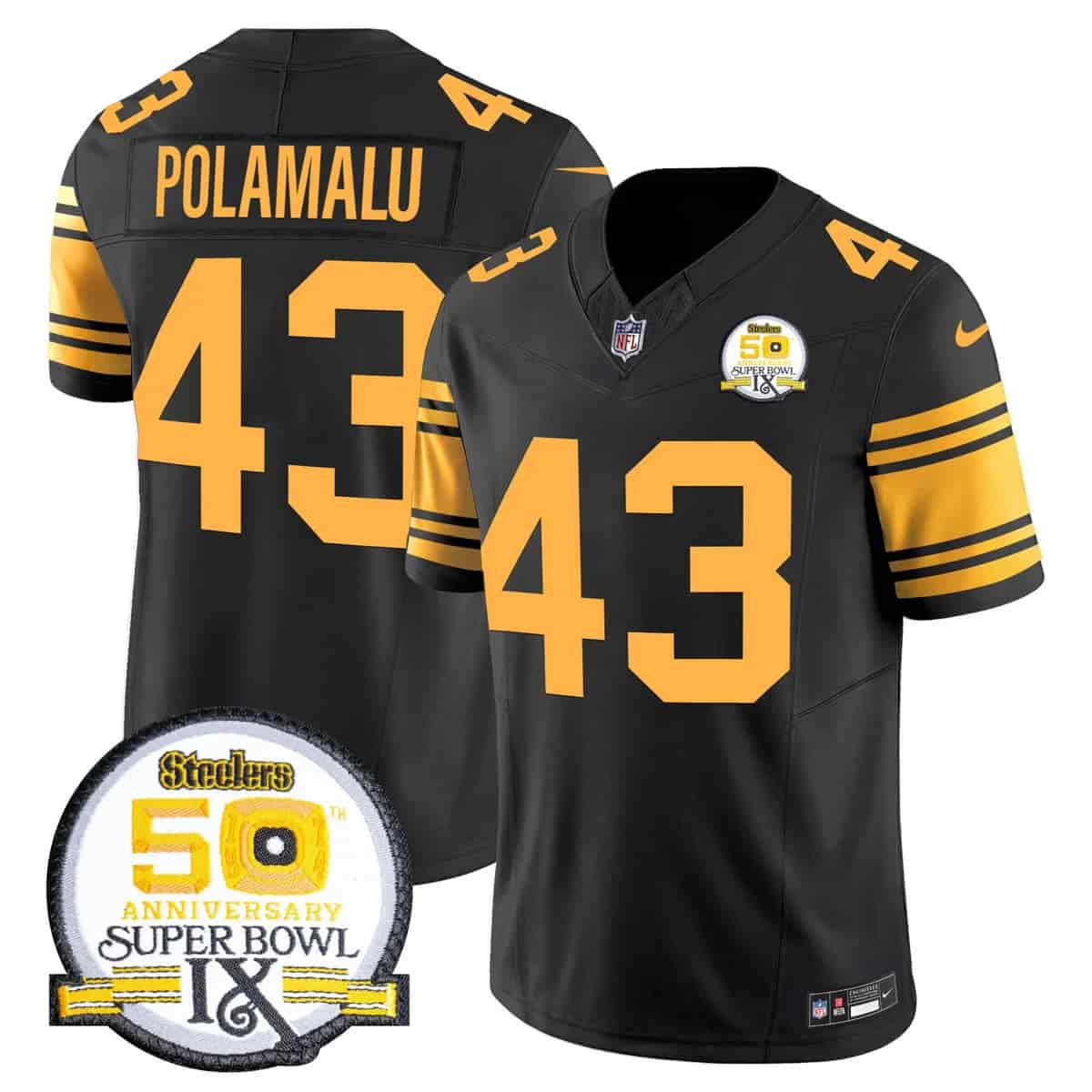 Personalized Men’s Pittsburgh Steelers 50th Anniversary Of Super Bowl IX Patch Limited Jersey All Stitched Troy Polamalu #43