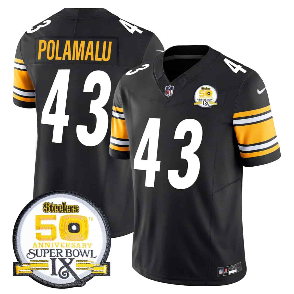 Personalized Men’s Pittsburgh Steelers 50th Anniversary Of Super Bowl IX Patch Limited Jersey All Stitched Troy Polamalu #43