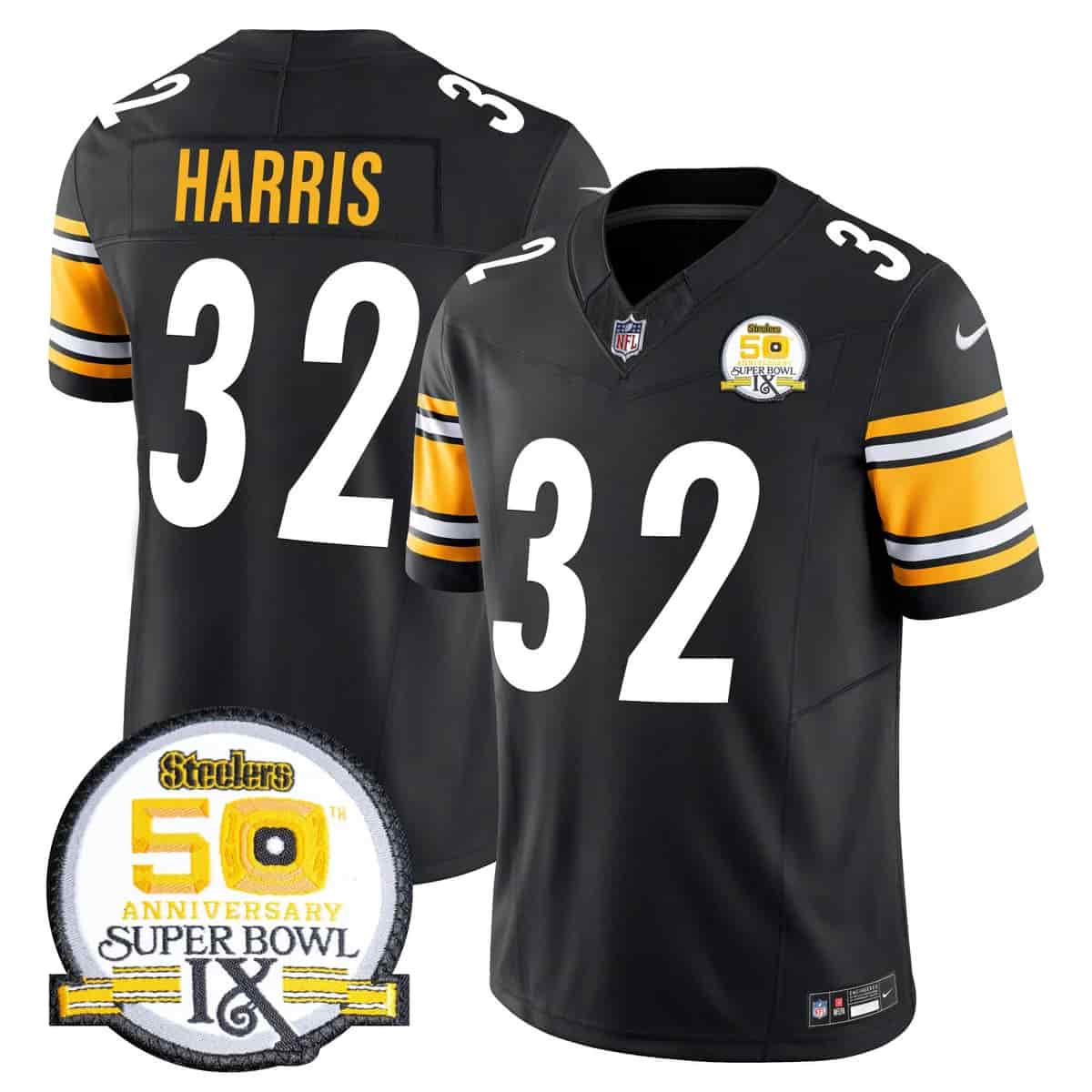 Personalized Men’s Pittsburgh Steelers 50th Anniversary Of Super Bowl IX Patch Limited Jersey All Stitched Franco Harris #32