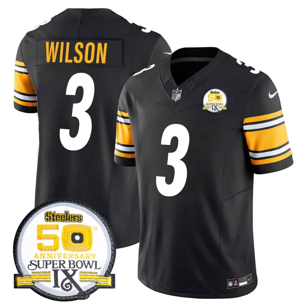 Personalized Men’s Pittsburgh Steelers 50th Anniversary Of Super Bowl IX Patch Limited Jersey All Stitched Russell Wilson 3
