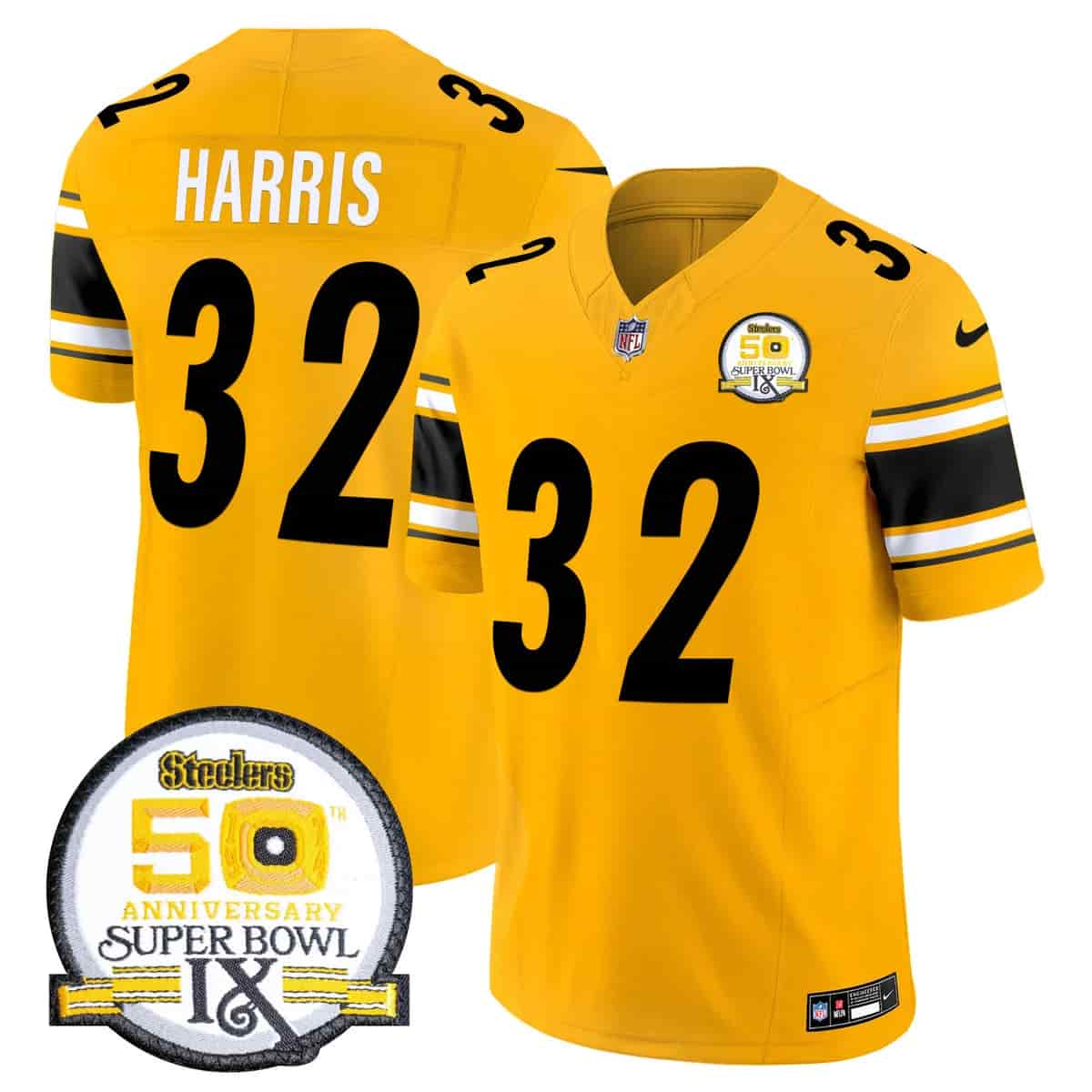 Personalized Men’s Pittsburgh Steelers 50th Anniversary Of Super Bowl IX Patch Limited Jersey All Stitched Franco Harris #32