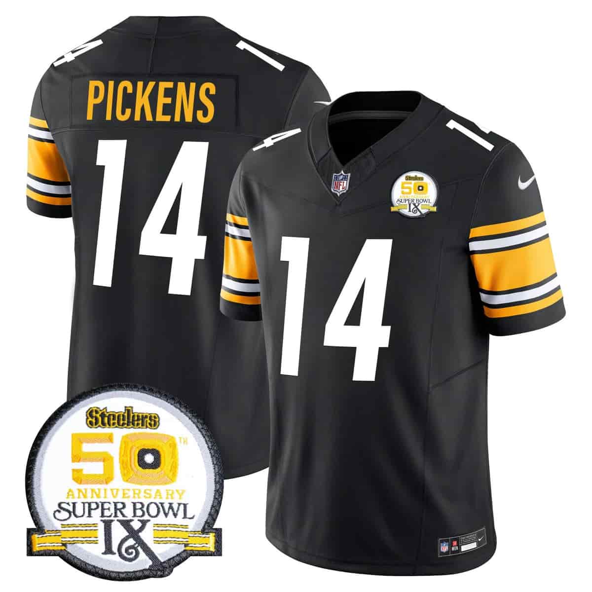 Personalized Men’s Pittsburgh Steelers 50th Anniversary Of Super Bowl IX Patch Limited Jersey All Stitched George Pickens 14