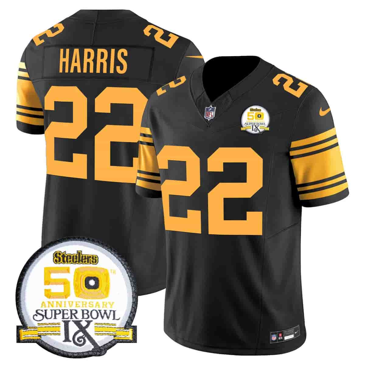 Personalized Men’s Pittsburgh Steelers 50th Anniversary Of Super Bowl IX Patch Limited Jersey All Stitched Najee Harris #22