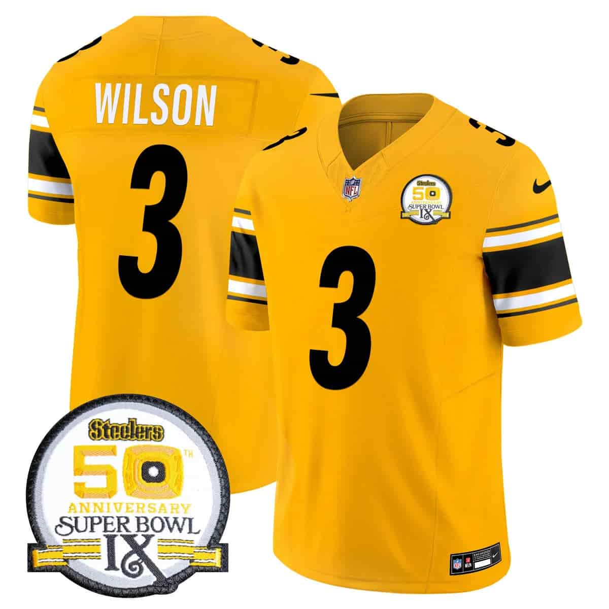 Personalized Men’s Pittsburgh Steelers 50th Anniversary Of Super Bowl IX Patch Limited Jersey All Stitched Russell Wilson 3