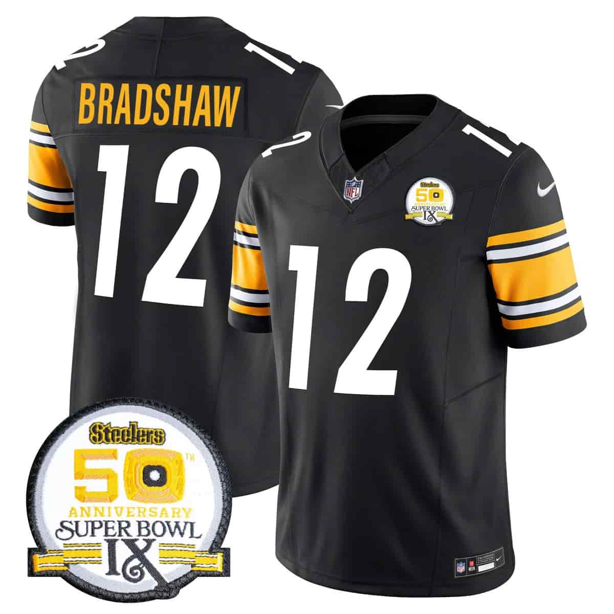 Personalized Men’s Pittsburgh Steelers 50th Anniversary Of Super Bowl IX Patch Limited Jersey All Stitched Terry Bradshaw #12