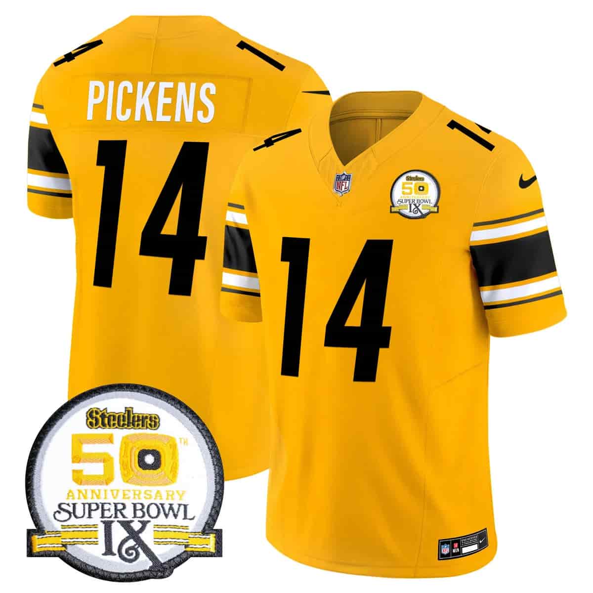 Personalized Men’s Pittsburgh Steelers 50th Anniversary Of Super Bowl IX Patch Limited Jersey All Stitched George Pickens 14