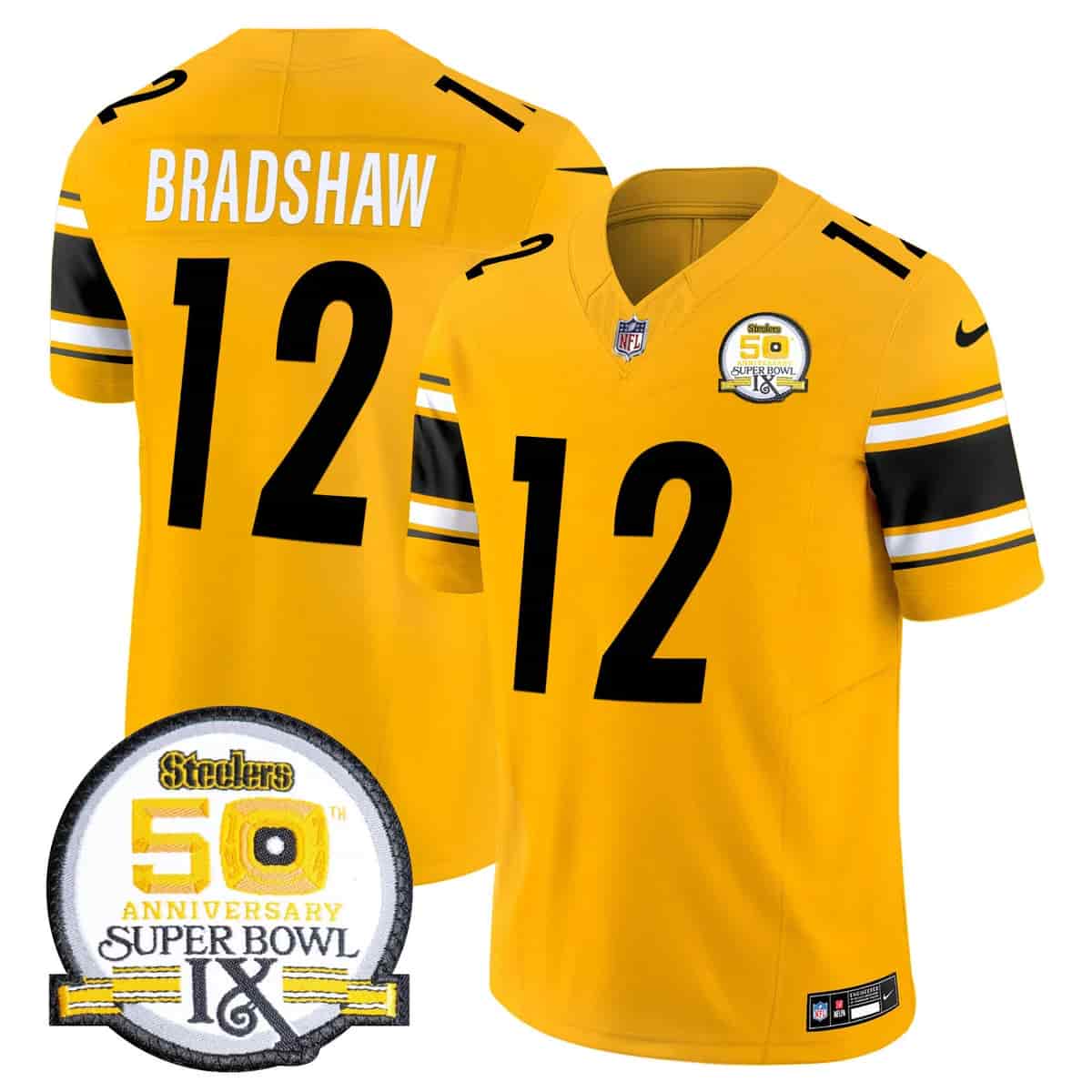 Personalized Men’s Pittsburgh Steelers 50th Anniversary Of Super Bowl IX Patch Limited Jersey All Stitched Terry Bradshaw #12