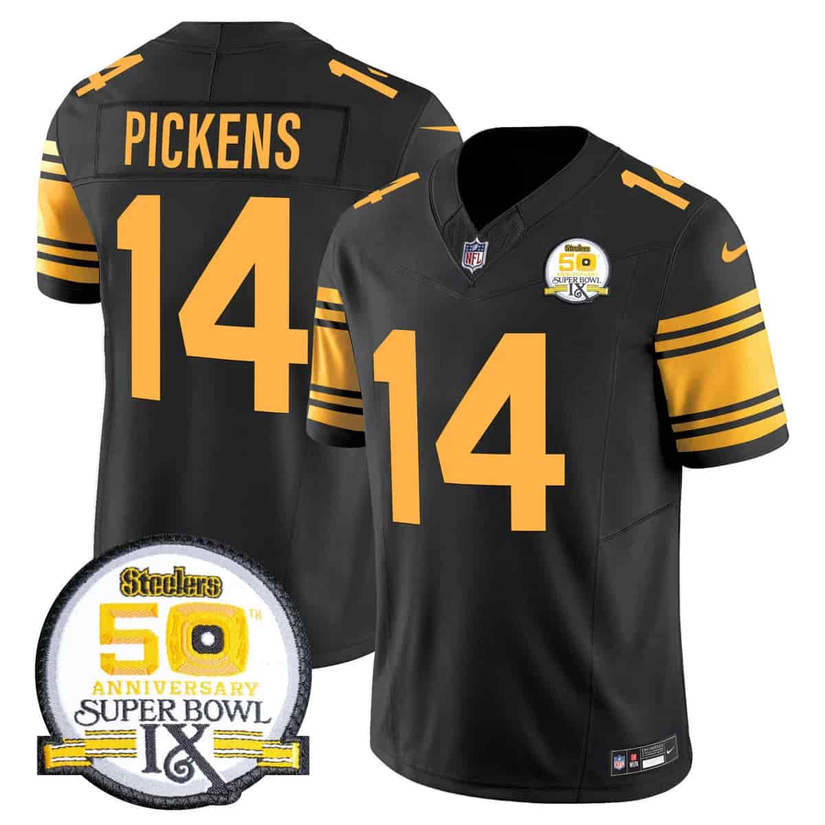 Personalized Men’s Pittsburgh Steelers 50th Anniversary Of Super Bowl IX Patch Limited Jersey All Stitched George Pickens 14