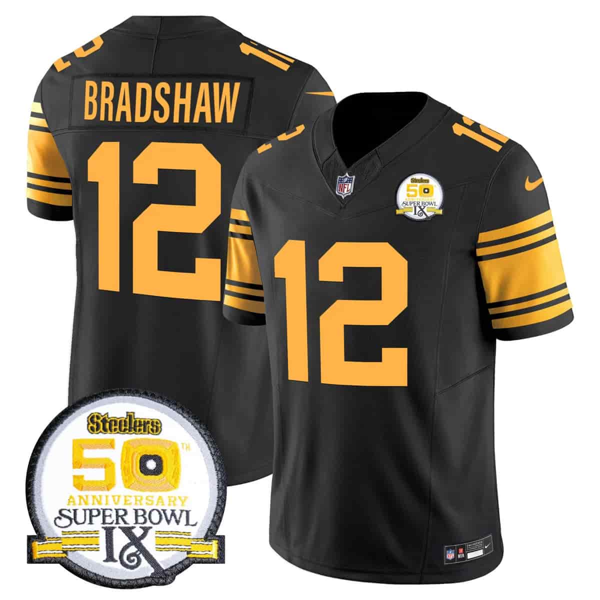 Personalized Men’s Pittsburgh Steelers 50th Anniversary Of Super Bowl IX Patch Limited Jersey All Stitched Terry Bradshaw #12