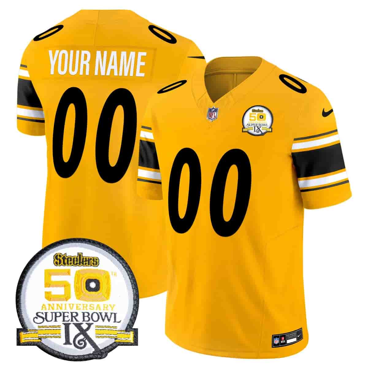 Personalized Pittsburgh Steelers 50th Anniversary Of Super Bowl IX Patch Limited Jersey All Stitched Gold