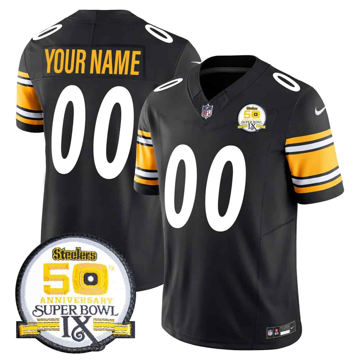 Personalized Pittsburgh Steelers 50th Anniversary Of Super Bowl IX Patch Limited Jersey All Stitched Black