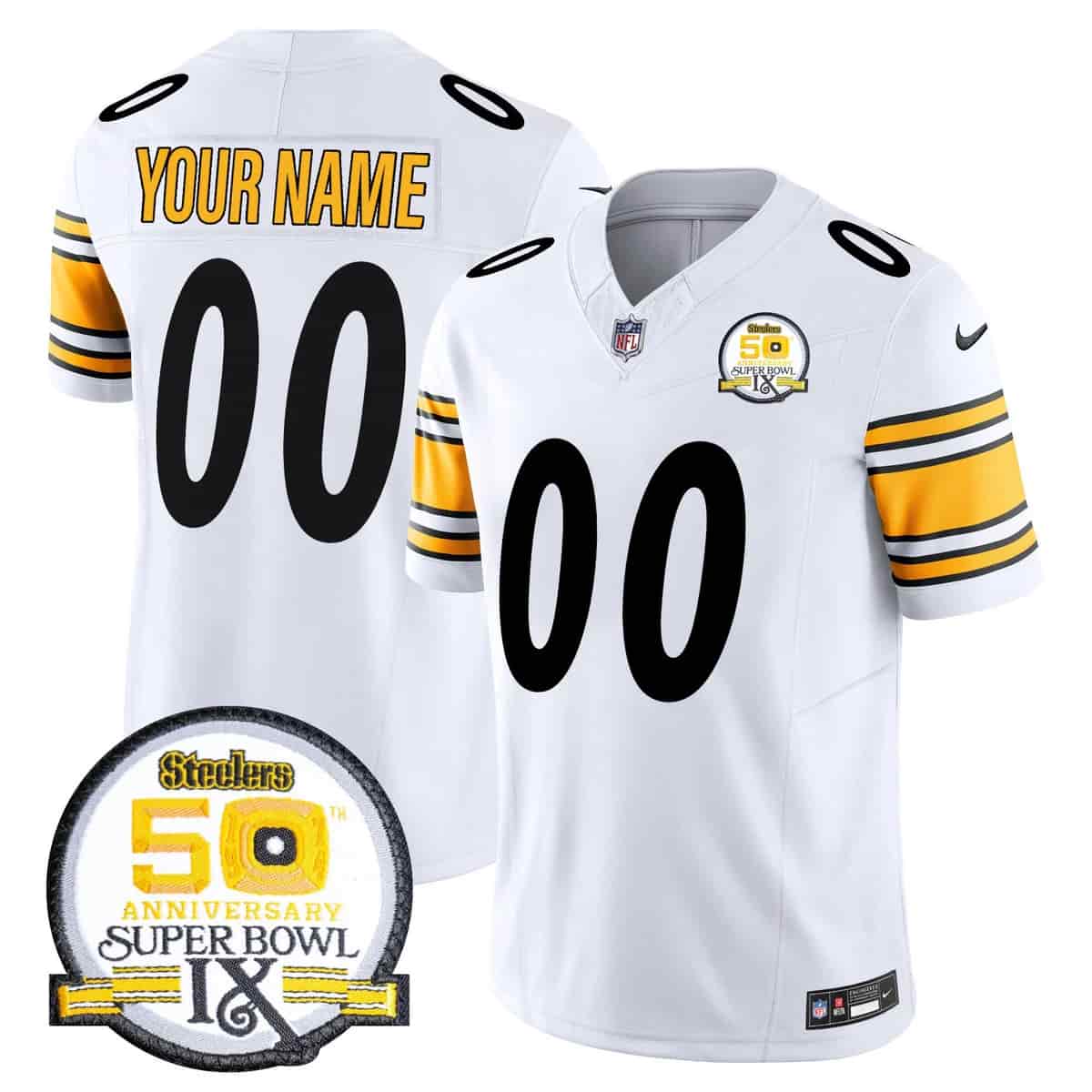 Personalized Pittsburgh Steelers 50th Anniversary Of Super Bowl IX Patch Limited Jersey All Stitched White