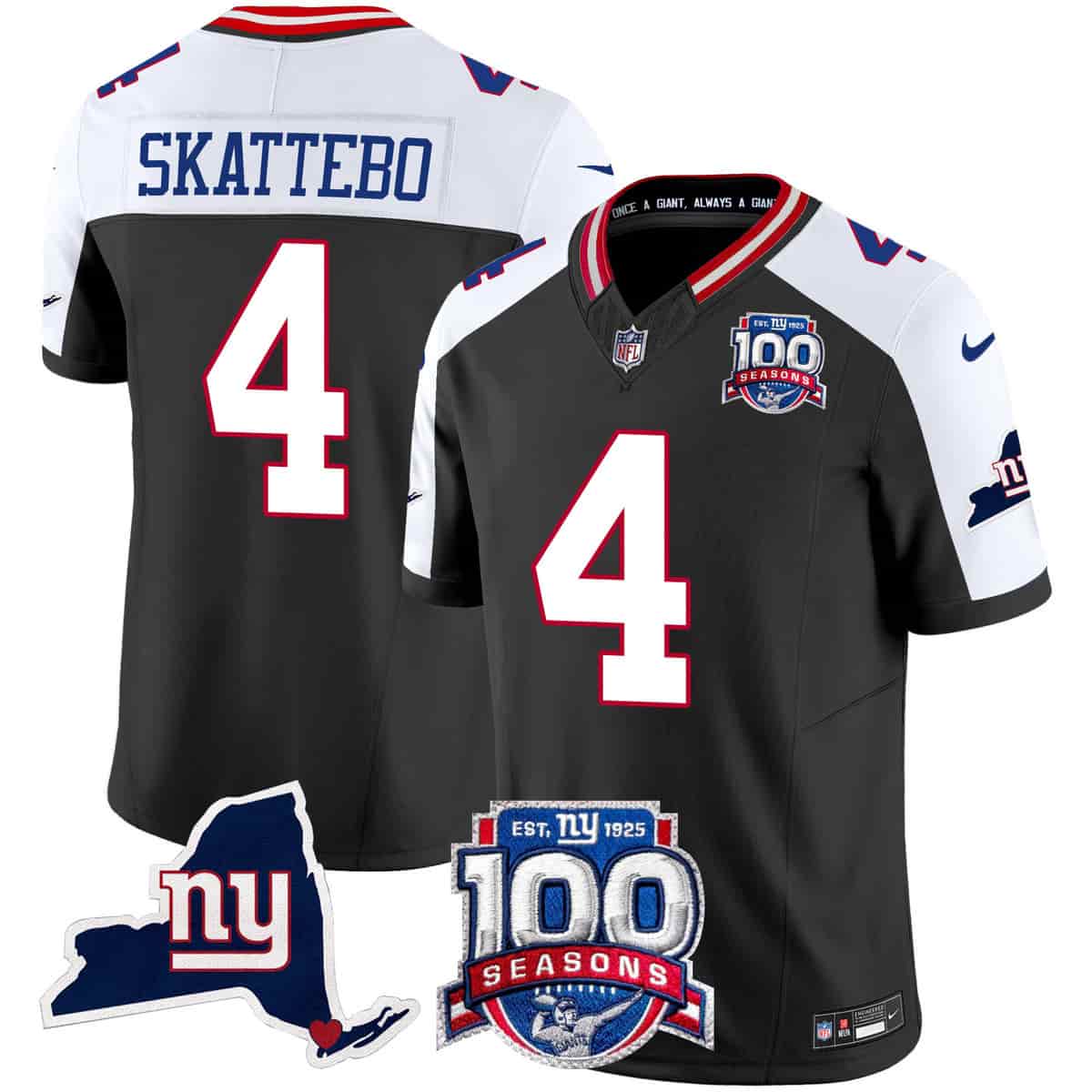 Personalized Men’s New York Giants 100th Season & State Patch Limited Jersey All Stitched Cam Skattebo