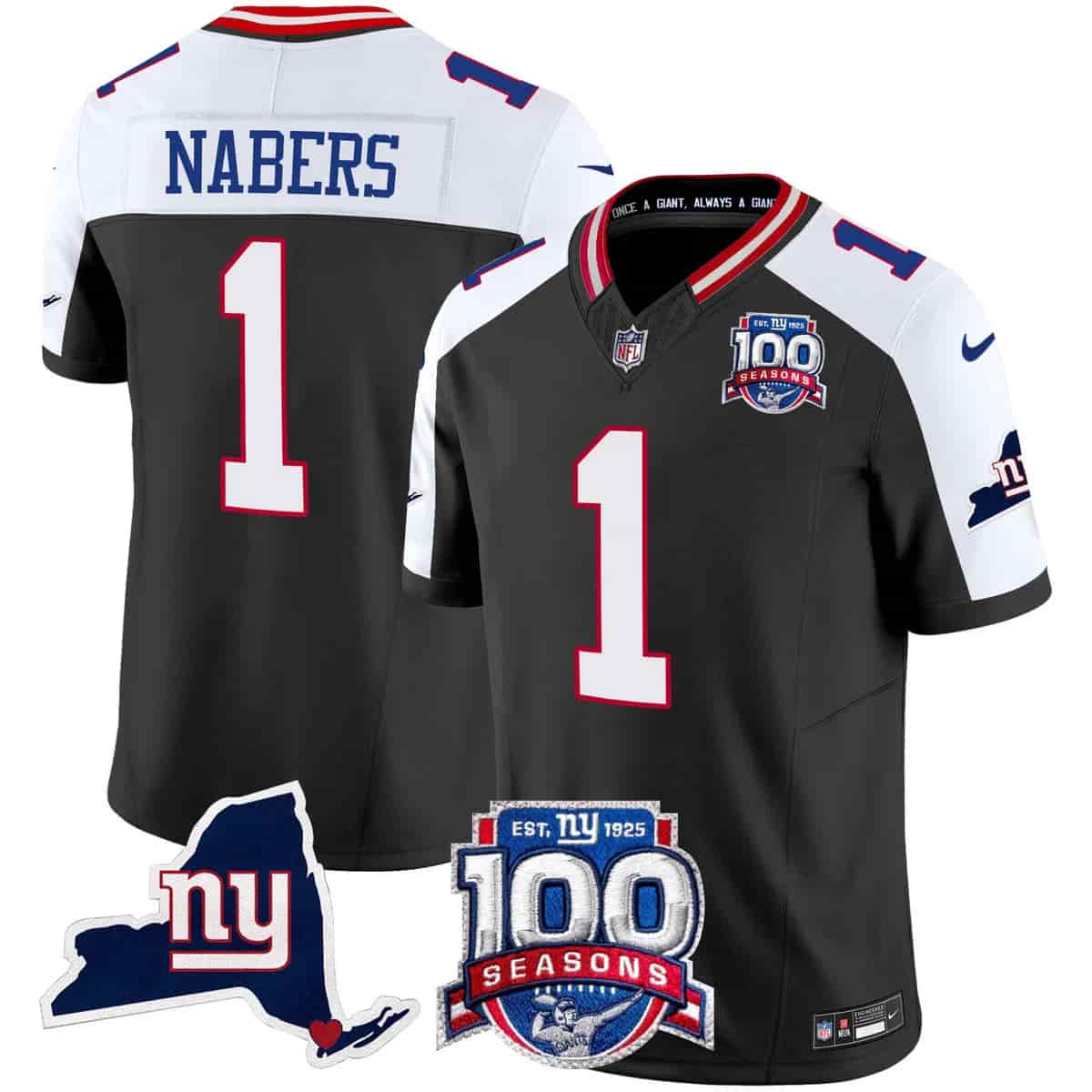 Personalized Men’s New York Giants 100th Season & State Patch Limited Jersey All Stitched Malik Nabers