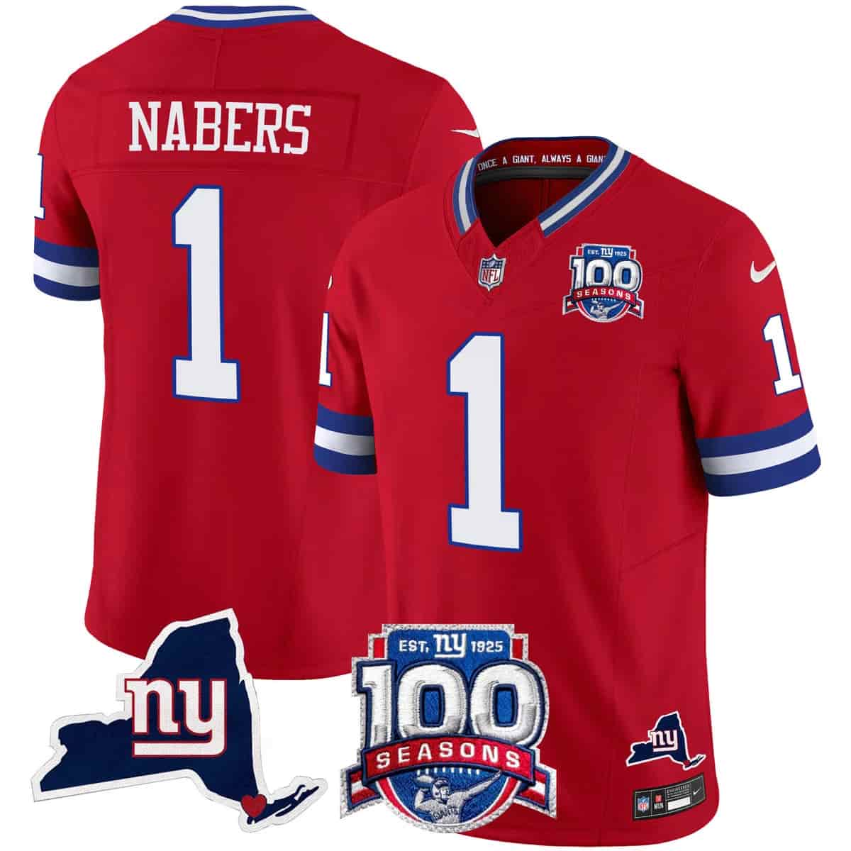 Personalized Men’s New York Giants 100th Season & State Patch Limited Jersey All Stitched 1 Malik Nabers
