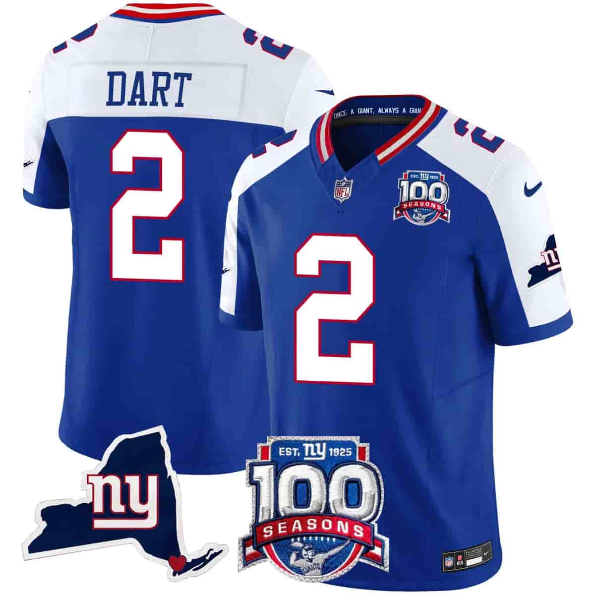 Personalized Men’s New York Giants 100th Season & State Patch Limited Jersey All Stitched Jaxson Dart 2
