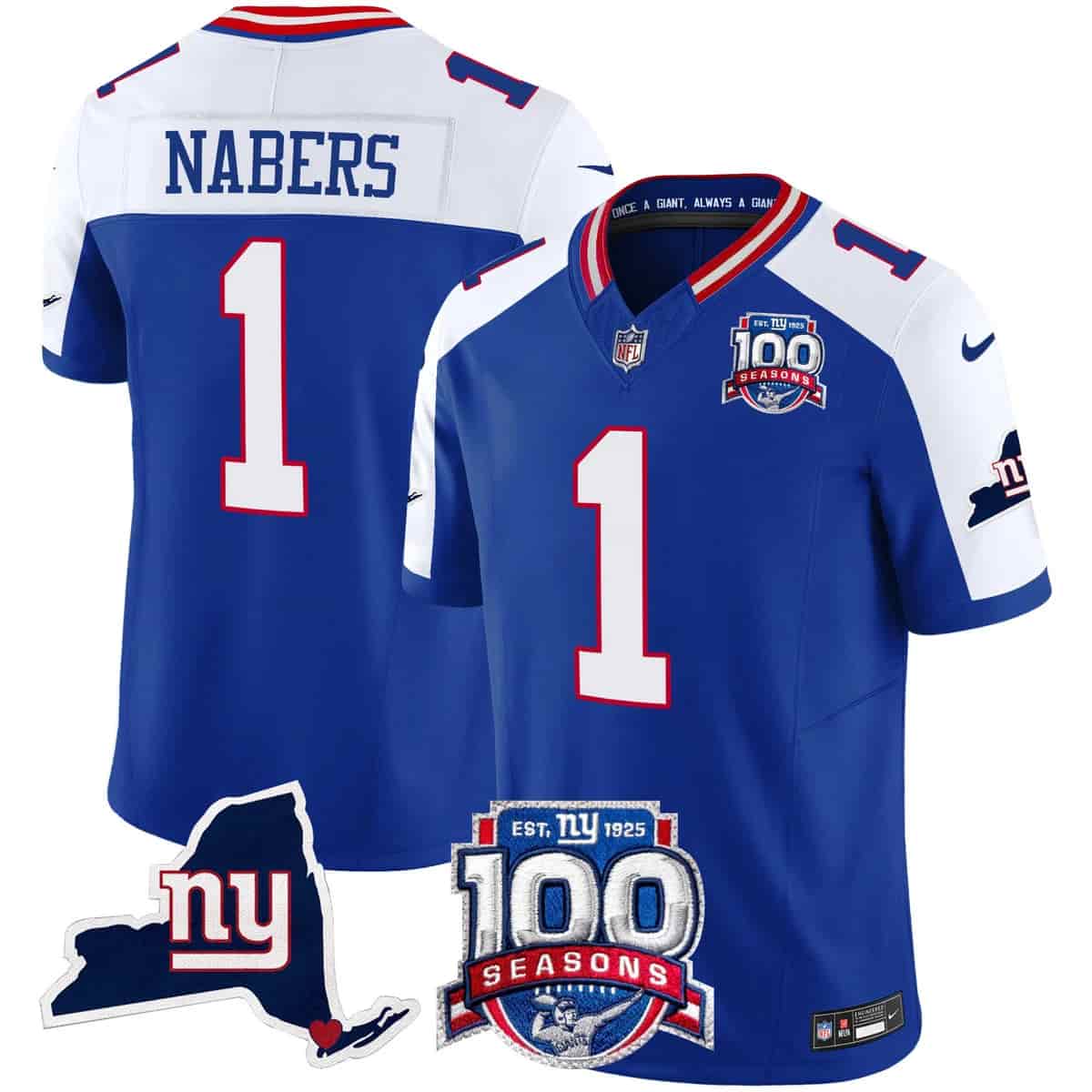 Personalized Men’s New York Giants 100th Season & State Patch Limited Jersey All Stitched Malik Nabers 1