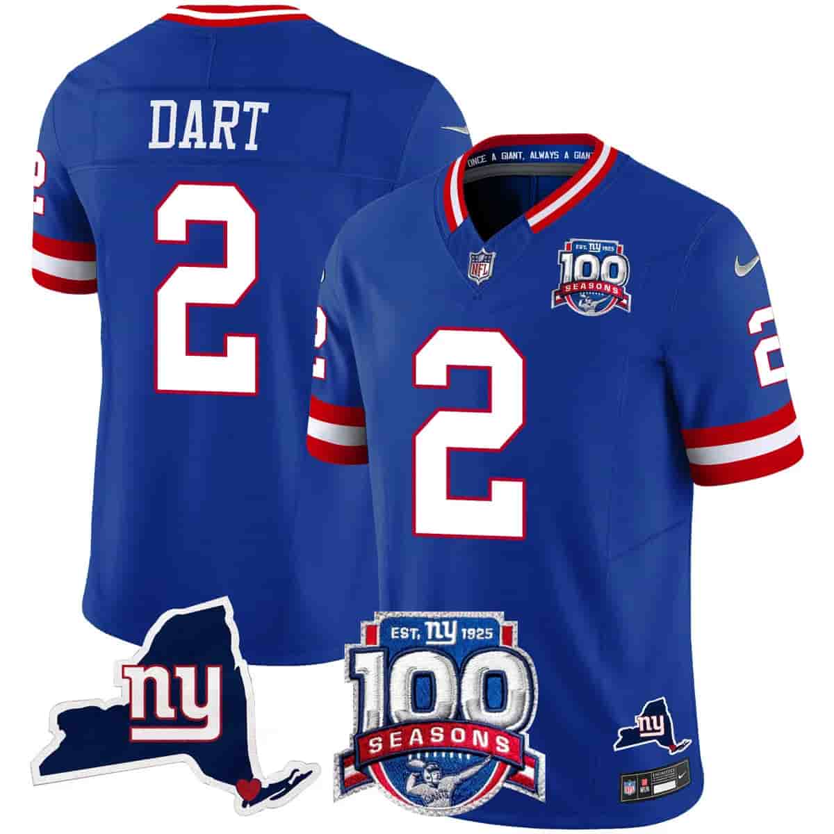 Personalized Men’s New York Giants 100th Season & State Patch Limited Jersey All Stitched Jaxson Dart 2