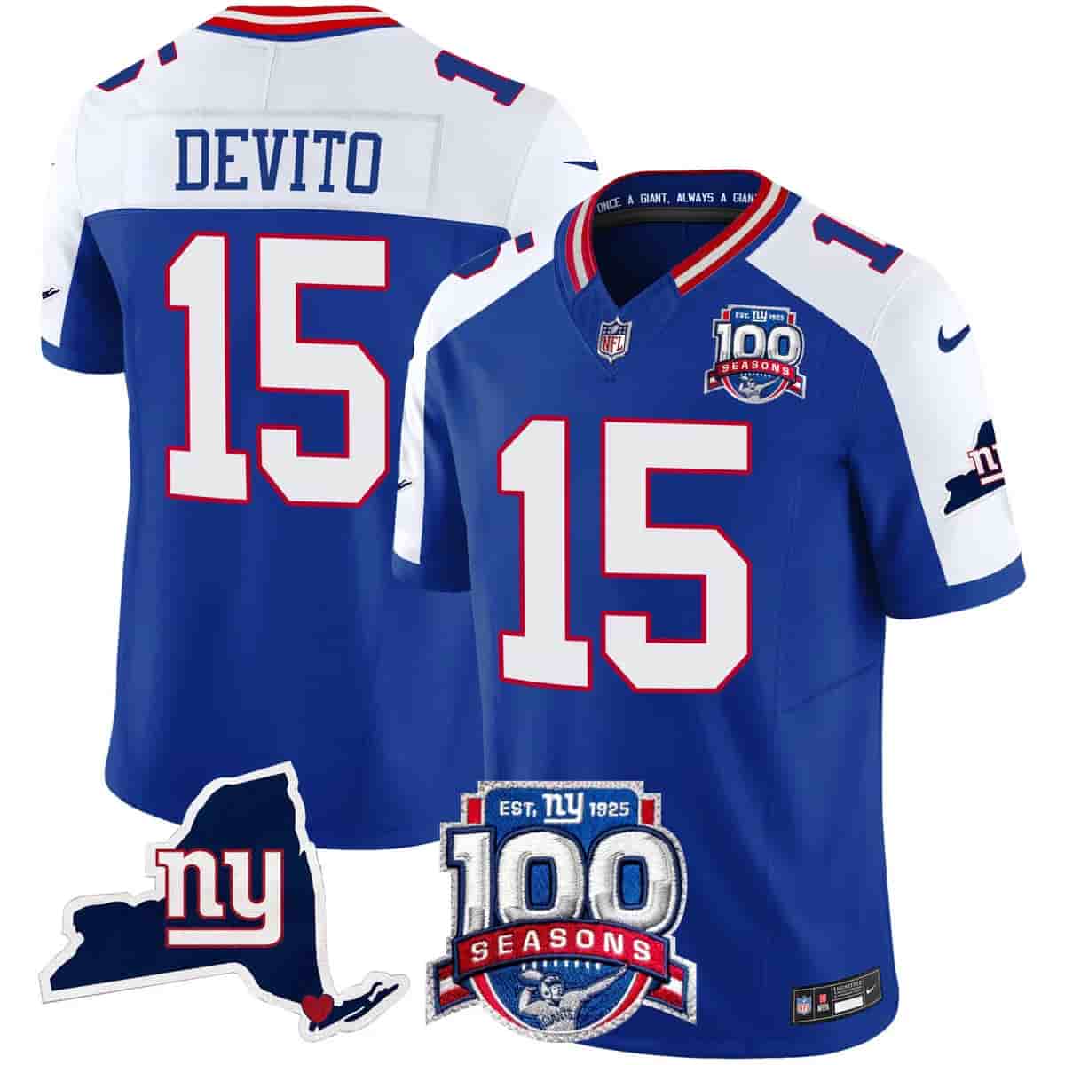 Personalized Men’s New York Giants 100th Season & State Patch Limited Jersey All Stitched Tommy DeVito 15
