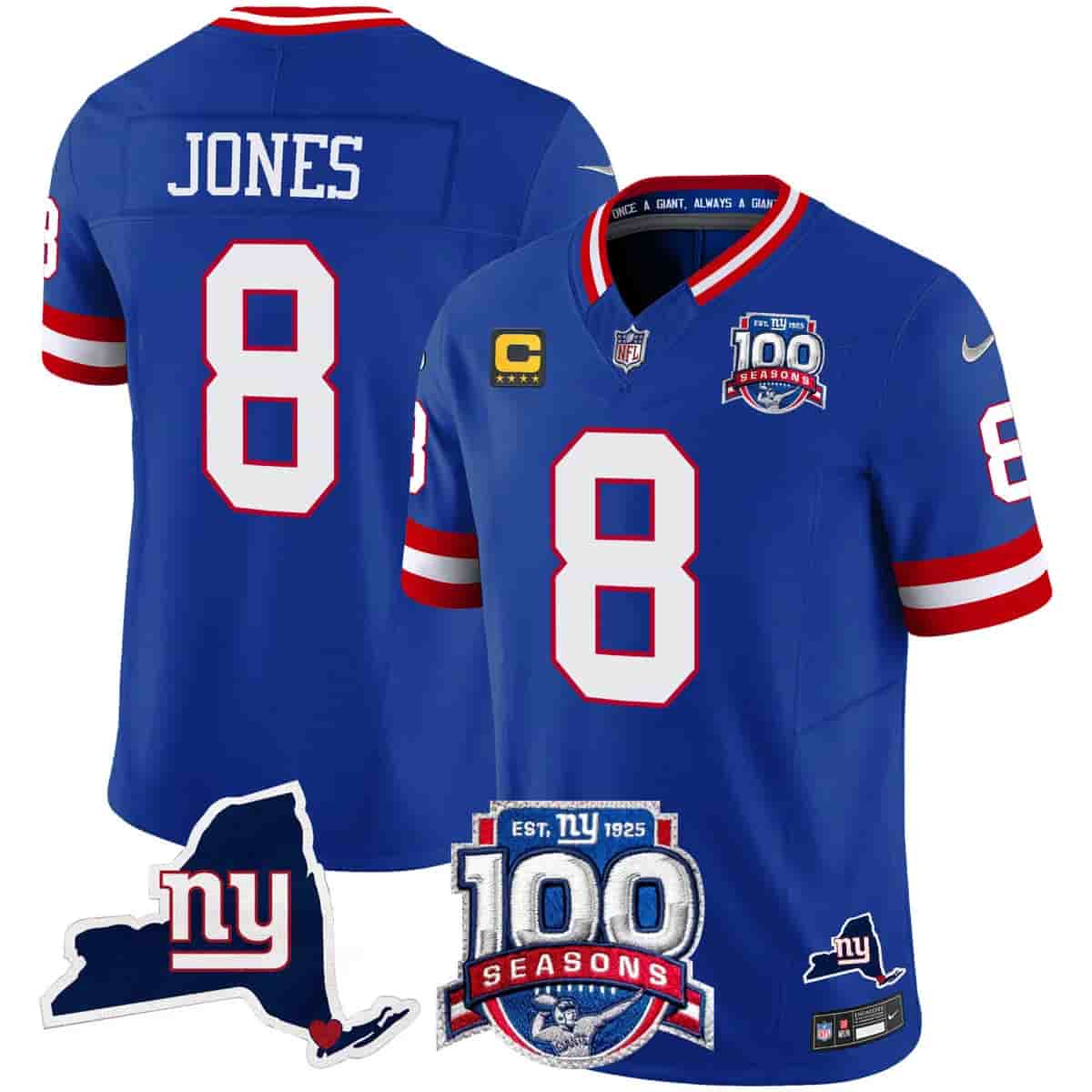 Personalized Men’s New York Giants 100th Season & State Patch Limited Jersey All Stitched Daniel Jones 8