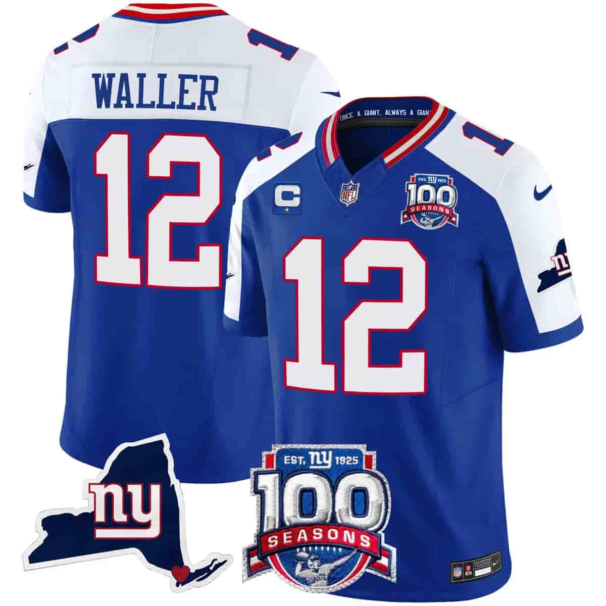 Personalized Men’s New York Giants 100th Season & State Patch Limited Jersey All Stitched Darren Waller 12