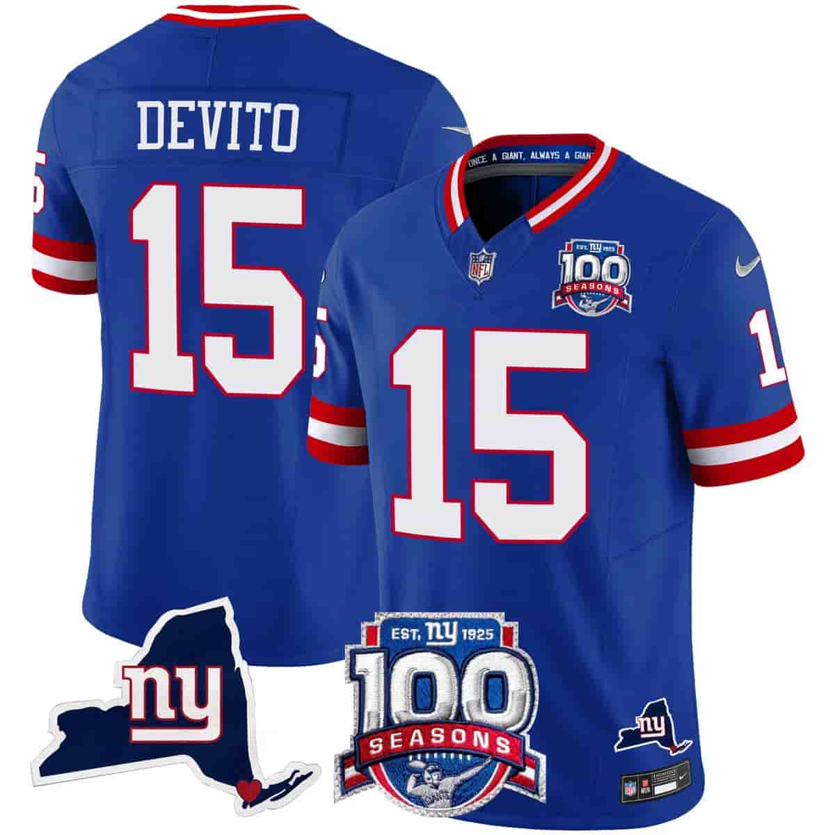 Personalized Men’s New York Giants 100th Season & State Patch Limited Jersey All Stitched Tommy DeVito 15