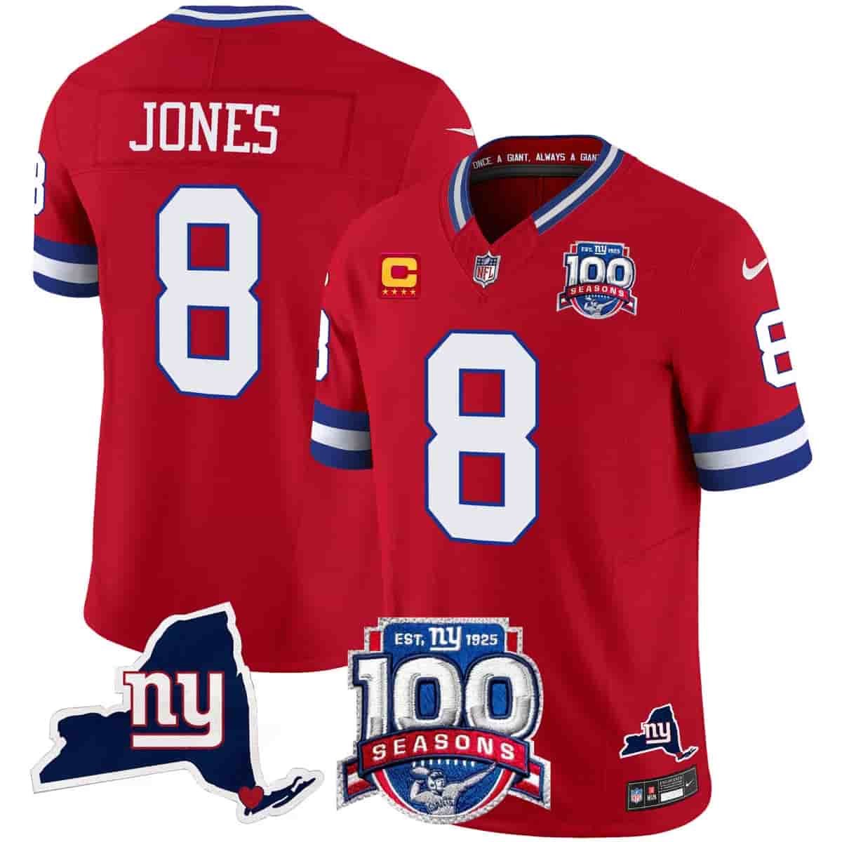 Personalized Men’s New York Giants 100th Season & State Patch Limited Jersey All Stitched Daniel Jones 8