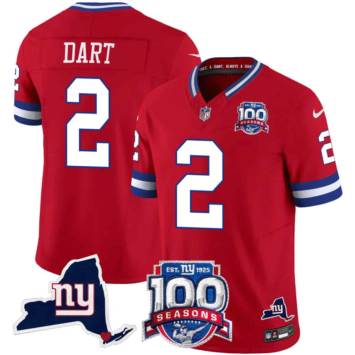 Personalized Men’s New York Giants 100th Season & State Patch Limited Jersey All Stitched Jaxson Dart 2