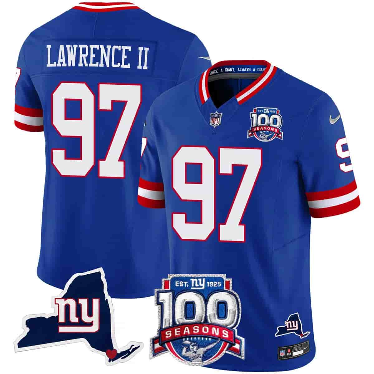 Personalized Men’s New York Giants 100th Season & State Patch Limited Jersey All Stitched 97Dexter Lawrence II