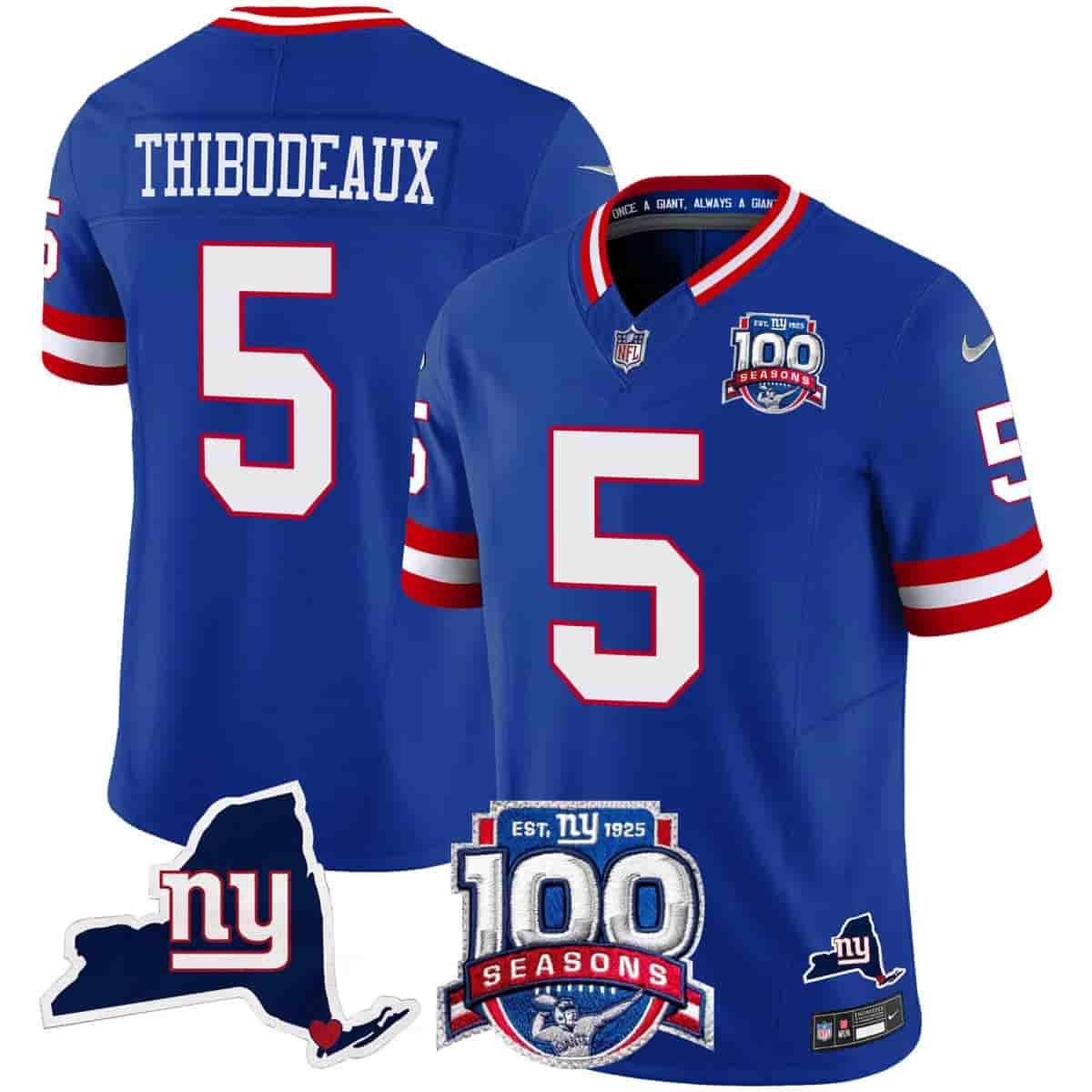 Personalized Men’s New York Giants 100th Season & State Patch Limited Jersey All Stitched Kayvon Thibodeaux 5