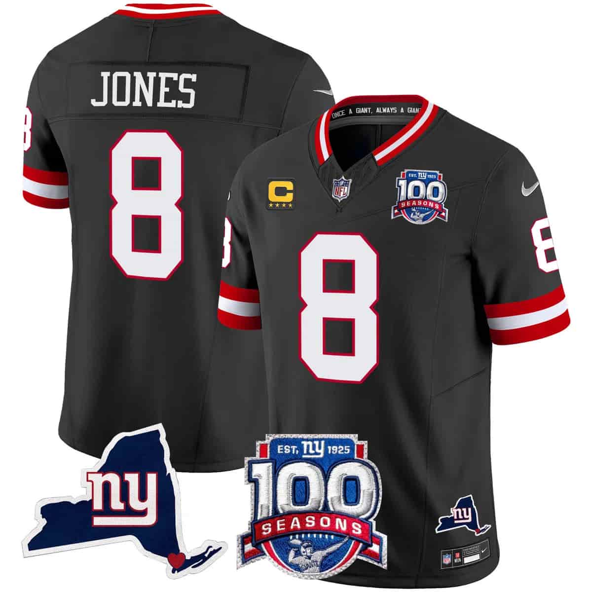 Personalized Men’s New York Giants 100th Season & State Patch Limited Jersey All Stitched #8 Daniel Jones