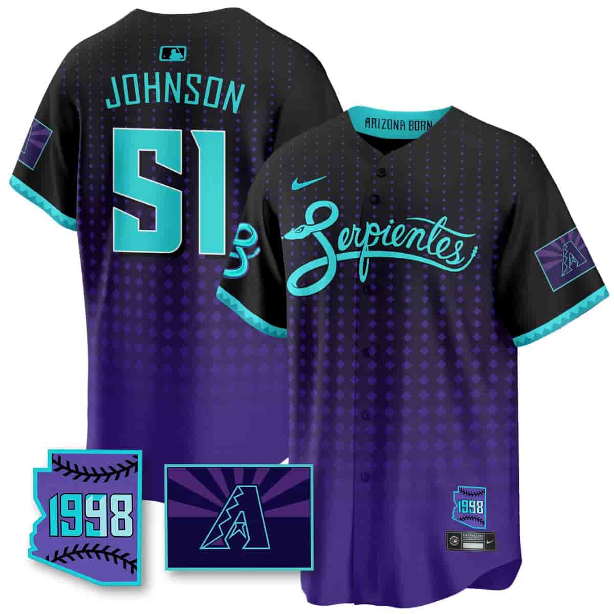Personalized Men’s Arizona Diamondbacks Purple for Second ‘Serpientes’ City Connect Jersey All Stitched Randy Johnson #51