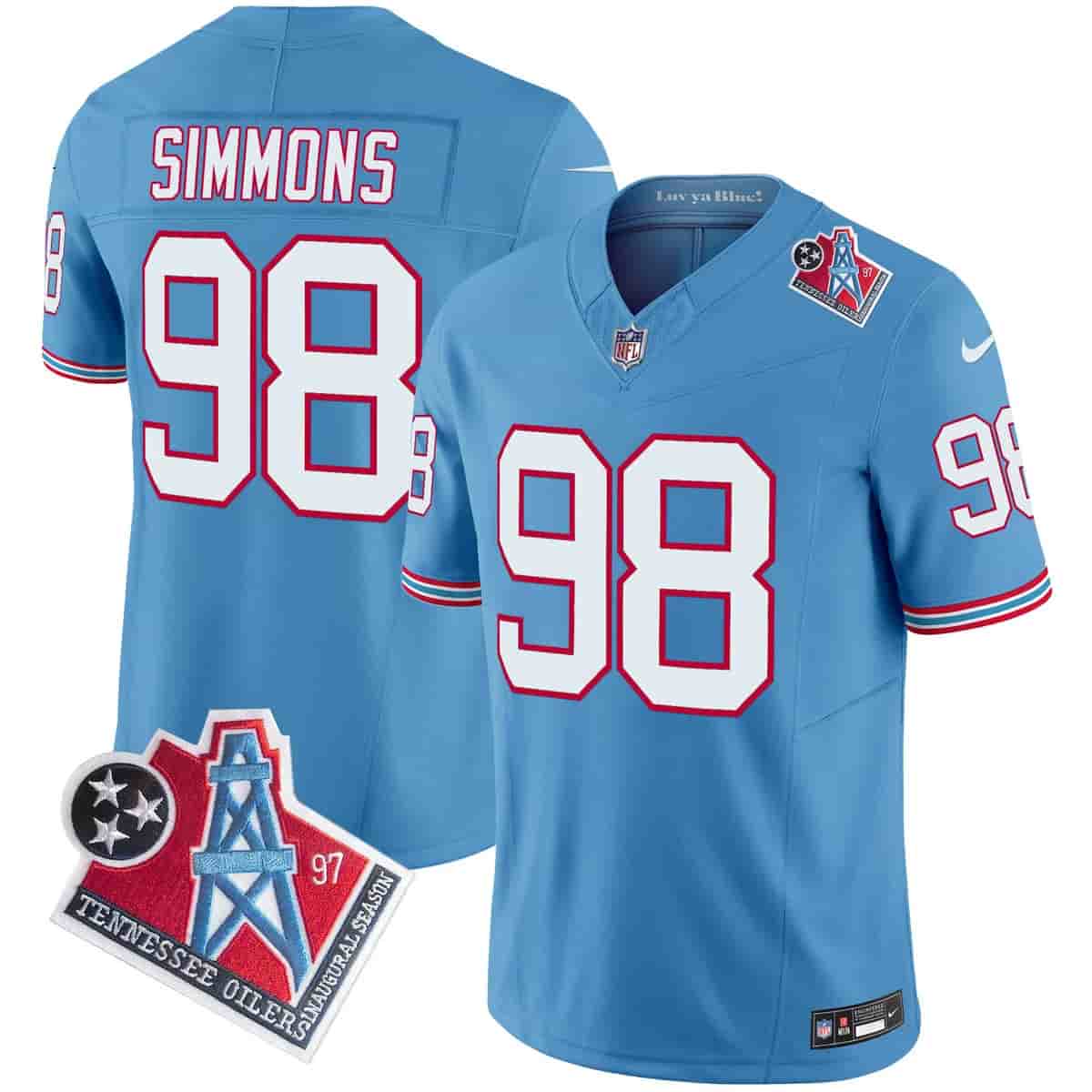 Personalized Men’s Tennessee Titans 1997 Throwback Limited Jersey All Stitched Jeffery Simmons 98