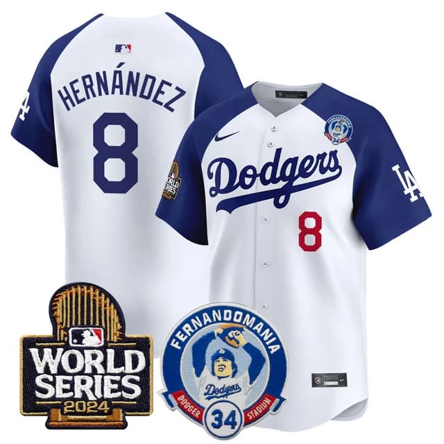 Personalized Men’s Dodgers Fernando Valenzuela & 2024 World Series Patch Premier Limited Jersey V3 All Stitched Kike Hernandez