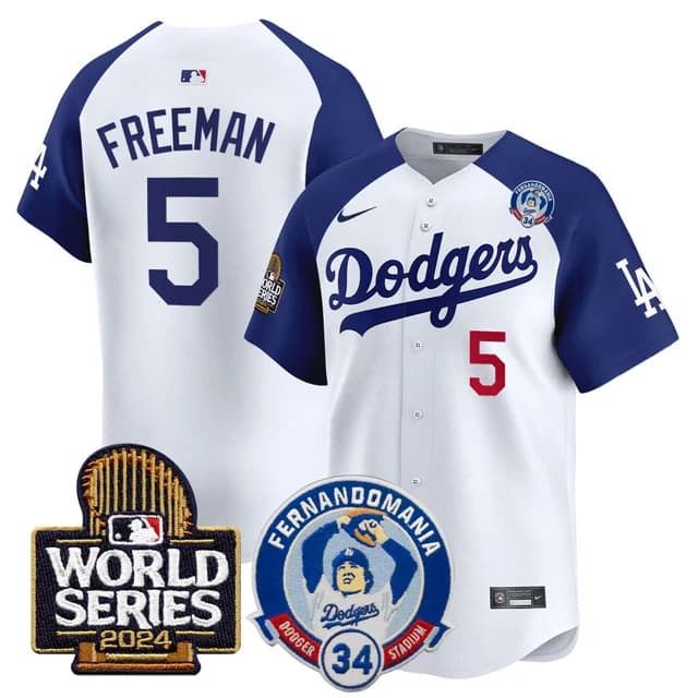 Personalized Men’s Dodgers Fernando Valenzuela & 2024 World Series Patch Premier Limited Jersey V3 All Stitched Freddie Freeman