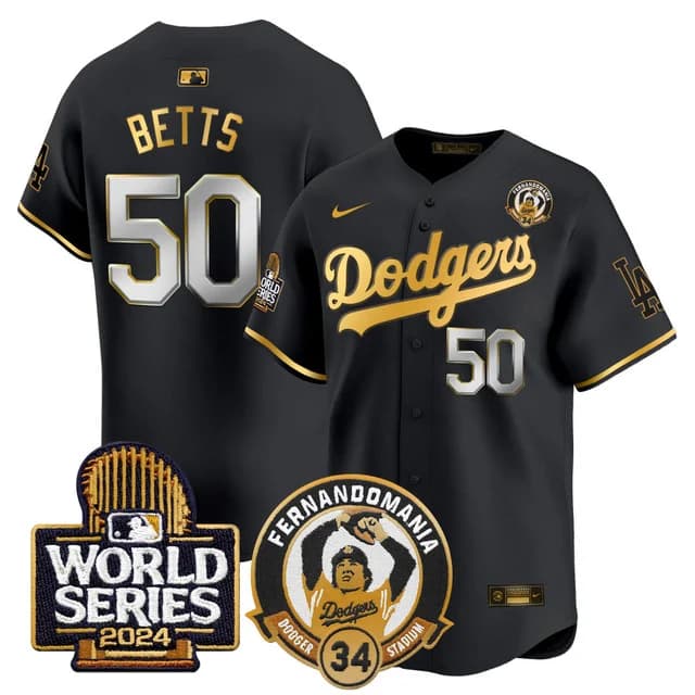 Personalized Men’s Dodgers Fernando Valenzuela & 2024 World Series Patch Premier Limited Jersey V3 All Stitched Mookie Betts