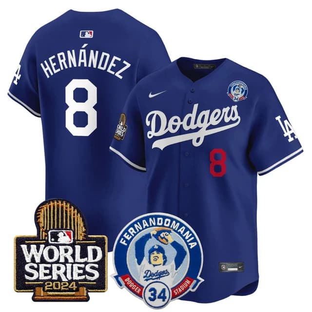 Personalized Men’s Dodgers Fernando Valenzuela & 2024 World Series Patch Premier Limited Jersey V3 All Stitched Kike Hernandez #8