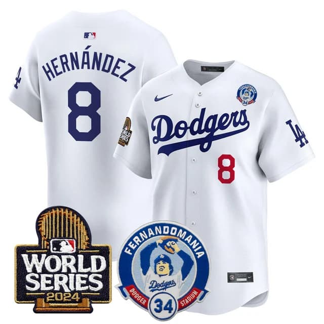 Personalized Men’s Dodgers Fernando Valenzuela & 2024 World Series Patch Premier Limited Jersey V3 All Stitched Kike Hernandez #8