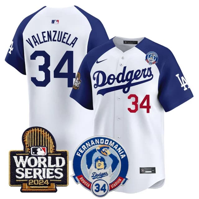 Personalized Men’s Dodgers Fernando Valenzuela & 2024 World Series Patch Premier Limited Jersey V3 All Stitched Fernando Valenzuela