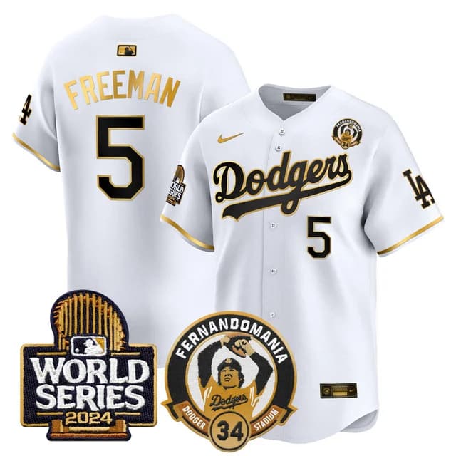 Personalized Men’s Dodgers Fernando Valenzuela & 2024 World Series Patch Premier Limited Jersey V3 All Stitched Freddie Freeman #5