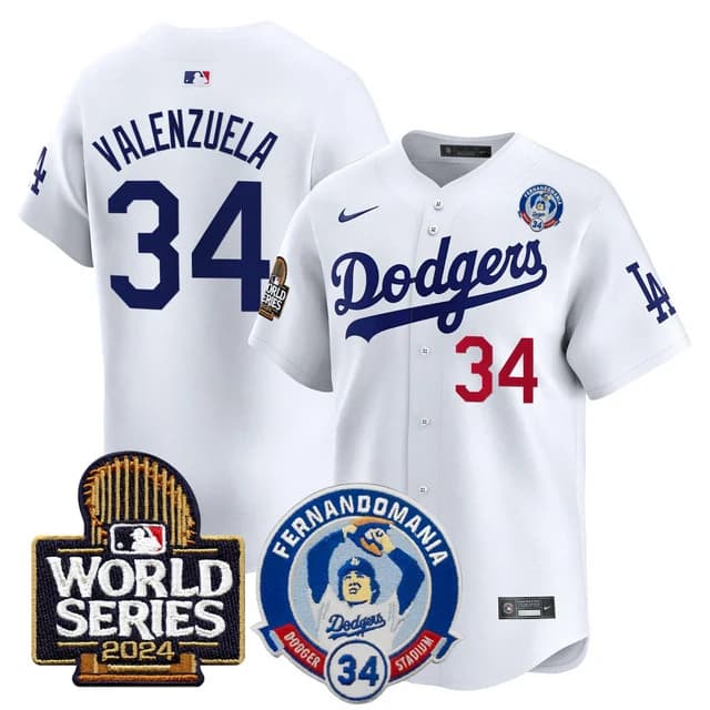 Personalized Men’s Dodgers Fernando Valenzuela & 2024 World Series Patch Premier Limited Jersey V3 All Stitched Fernando Valenzuela #34