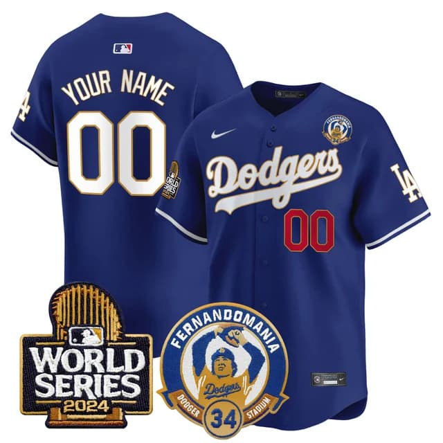 Personalized Custom Men’s Dodgers Fernando Valenzuela & 2024 World Series Patch Premier Limited Jersey V3 All Stitched Royal