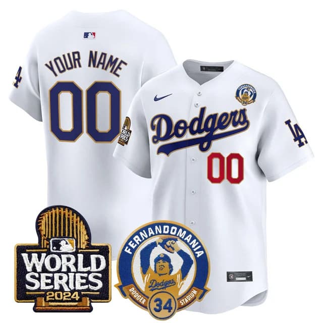 Personalized Custom Men’s Dodgers Fernando Valenzuela & 2024 World Series Patch Premier Limited Jersey V3 All Stitched White