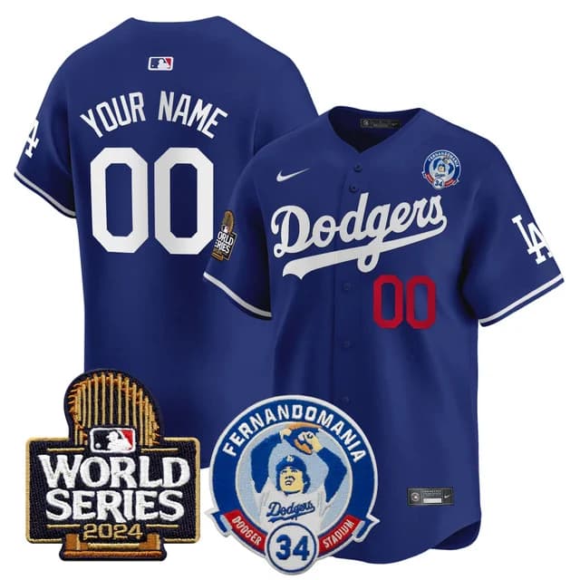 Personalized Custom Men’s Dodgers Fernando Valenzuela & 2024 World Series Patch Premier Limited Jersey V3 All Stitched Royal