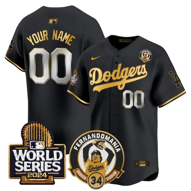 Personalized Custom Men’s Dodgers Fernando Valenzuela & 2024 World Series Patch Premier Limited Jersey V3 All Stitched Black Gold