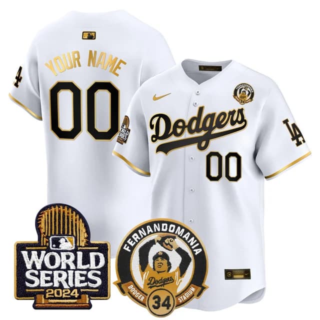 Personalized Custom Men’s Dodgers Fernando Valenzuela & 2024 World Series Patch Premier Limited Jersey V3 All Stitched White Gold